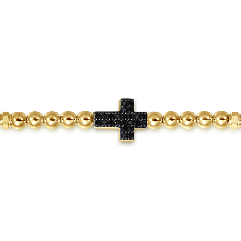 14K Yellow Gold 4mm Beaded Mens Bracelet with Black Spinel Cross - Shot 2