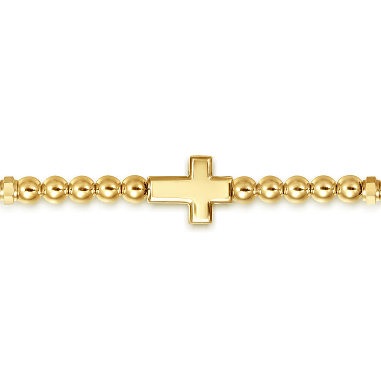 14K Yellow Gold 4mm Beaded Mens Bracelet with Black Spinel Cross - Shot 3