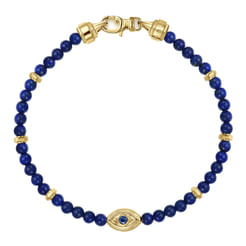 14K Yellow Gold 4mm Lapis and Sapphire Beaded Bracelet with Evil eye