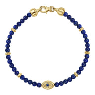 14K Yellow Gold 4mm Lapis and Sapphire Beaded Bracelet with Evil eye