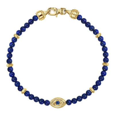 14K Yellow Gold 4mm Lapis and Sapphire Beaded Bracelet with Evil eye