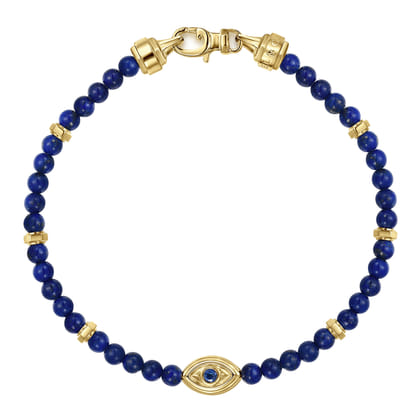 14K Yellow Gold 4mm Lapis and Sapphire Beaded Bracelet with Evil eye