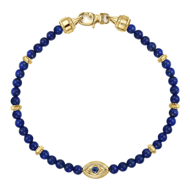 14K Yellow Gold 4mm Lapis and Sapphire Beaded Bracelet with Evil eye - Shot 1