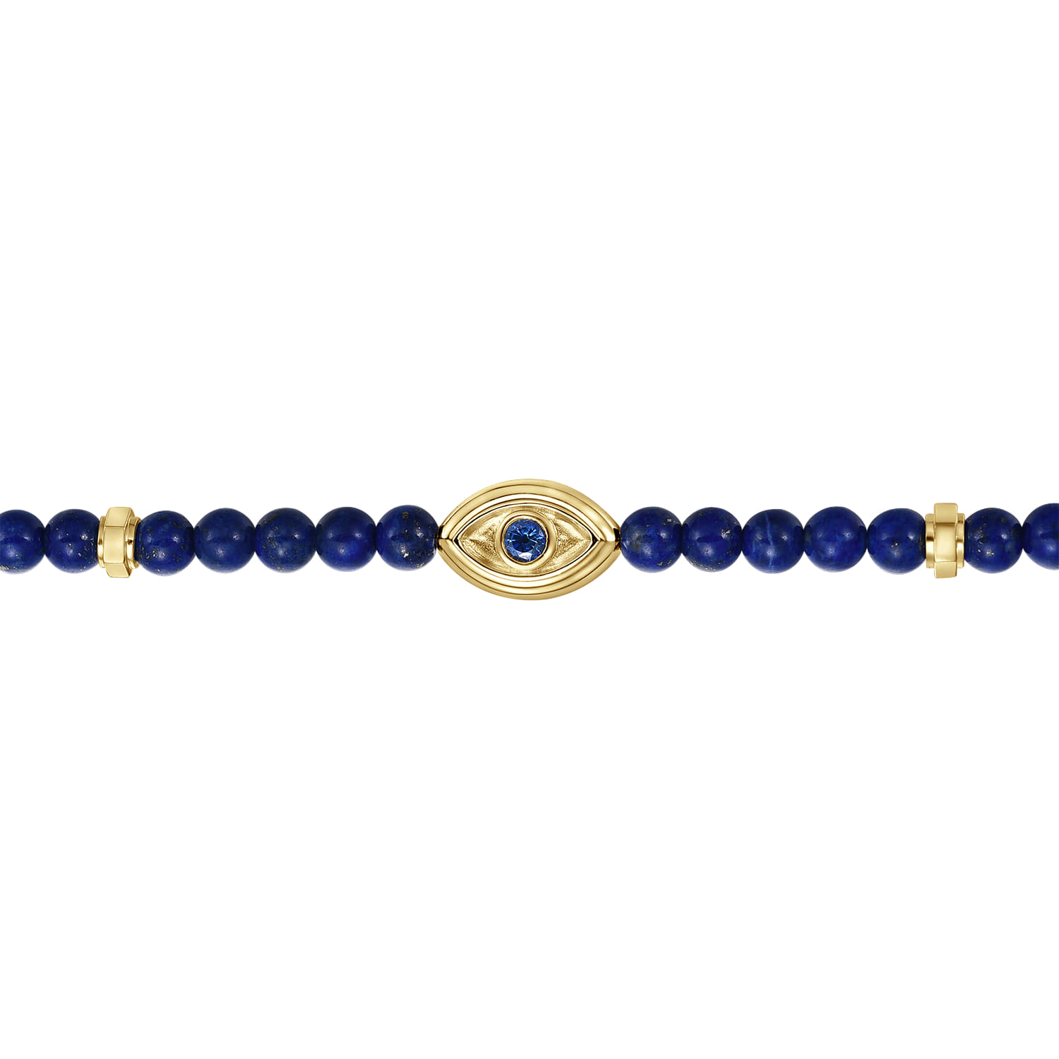 14K Yellow Gold 4mm Lapis and Sapphire Beaded Bracelet with Evil eye
