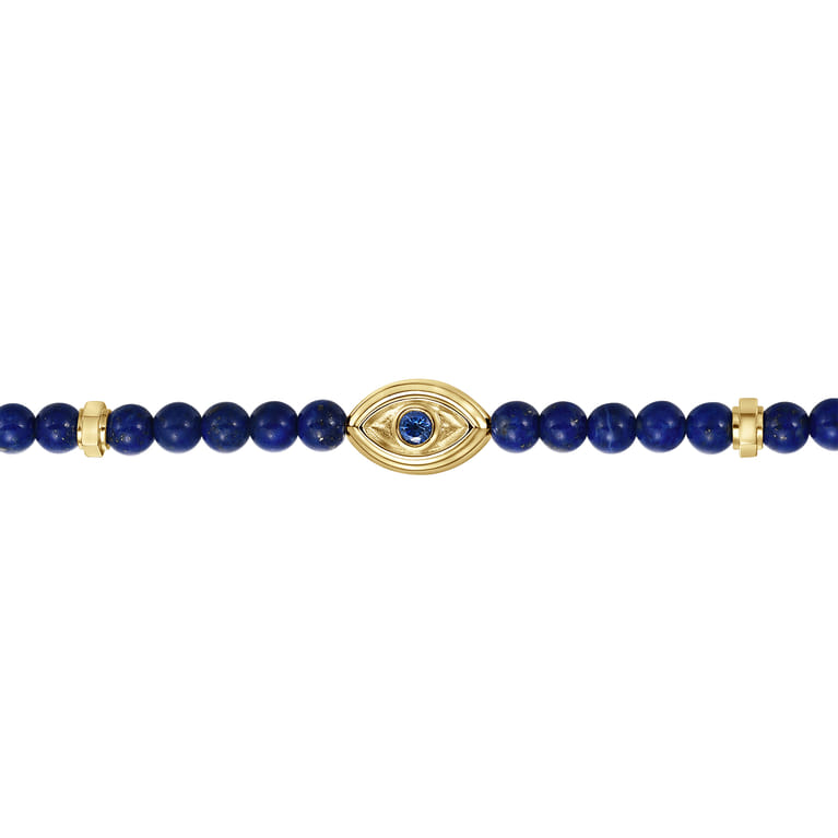 14K Yellow Gold 4mm Lapis and Sapphire Beaded Bracelet with Evil eye - Shot 2