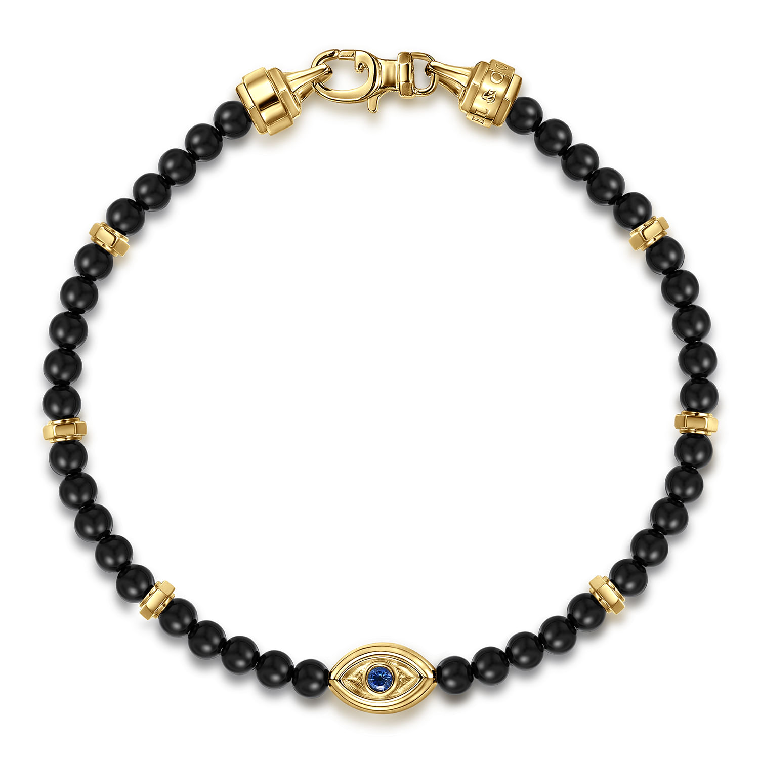 14K Yellow Gold 4mm Onyx and Sapphire Beaded Bracelet with Evil eye - Shot 1
