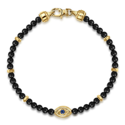 14K Yellow Gold 4mm Onyx and Sapphire Beaded Bracelet with Evil eye