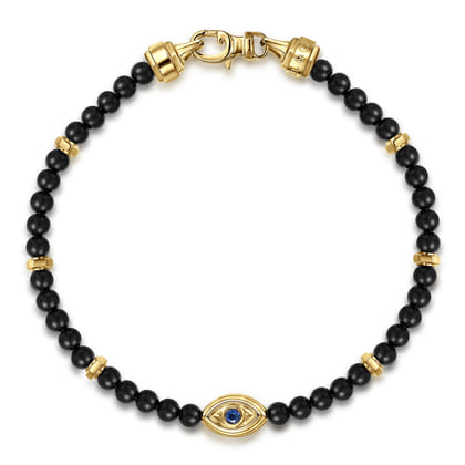 14K Yellow Gold 4mm Onyx and Sapphire Beaded Bracelet with Evil eye