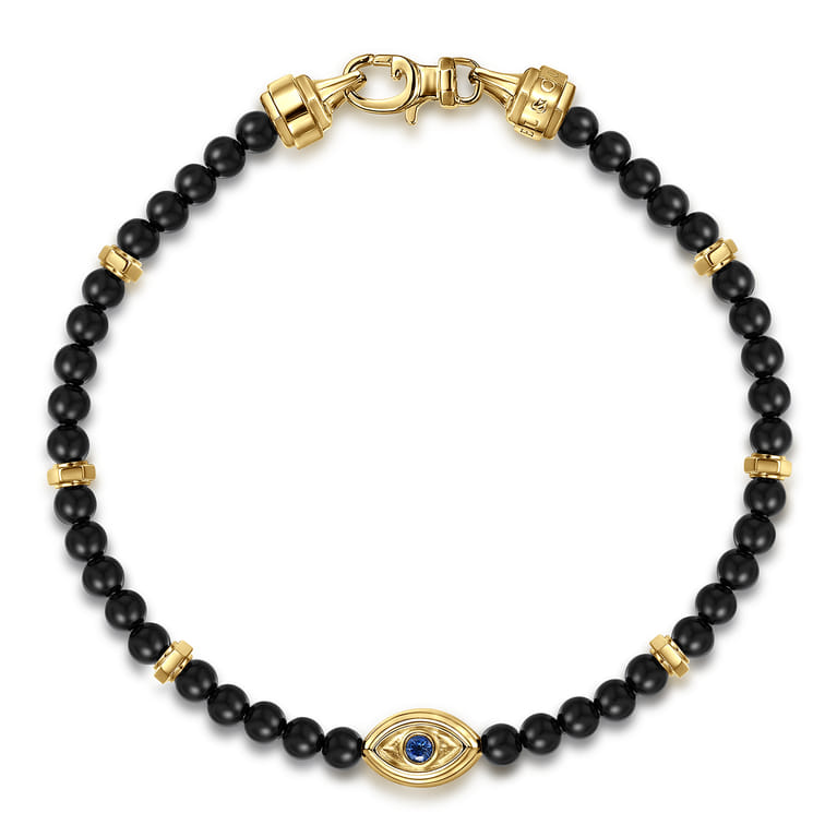 14K Yellow Gold 4mm Onyx and Sapphire Beaded Bracelet with Evil eye - Shot 1