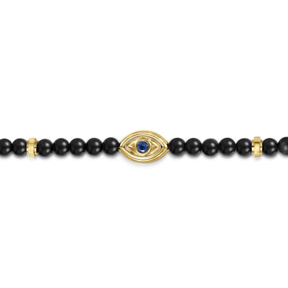 14K Yellow Gold 4mm Onyx and Sapphire Beaded Bracelet with Evil eye