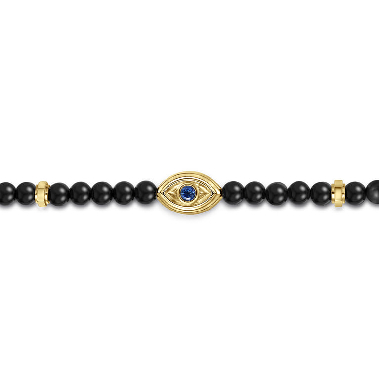 14K Yellow Gold 4mm Onyx and Sapphire Beaded Bracelet with Evil eye - Shot 2