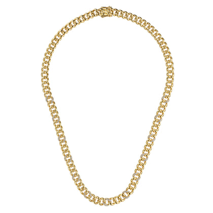 14K Yellow Gold 4mm Solid Cuban Link Chain Necklace with Diamond Stations