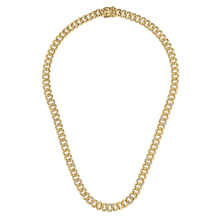 14K Yellow Gold 4mm Solid Cuban Link Chain Necklace with Diamond Stations - 0.82 ct - Shot 2