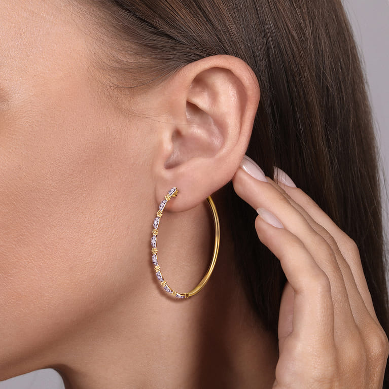 14K Yellow Gold 50mm Diamond Station Hoop Earrings - 0.7 ct - Shot 2