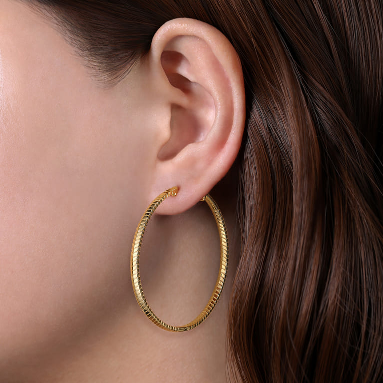 14K Yellow Gold 50mm Plain Classic Hoop Earrings - Shot 2