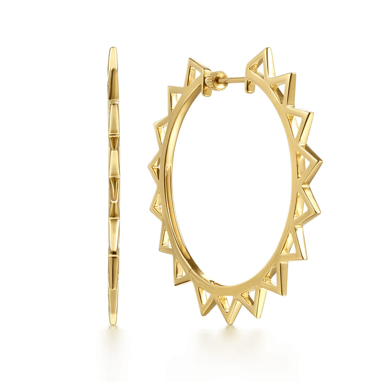 14K Yellow Gold 50mm Spike Classic Hoop Earrings - Shot 1