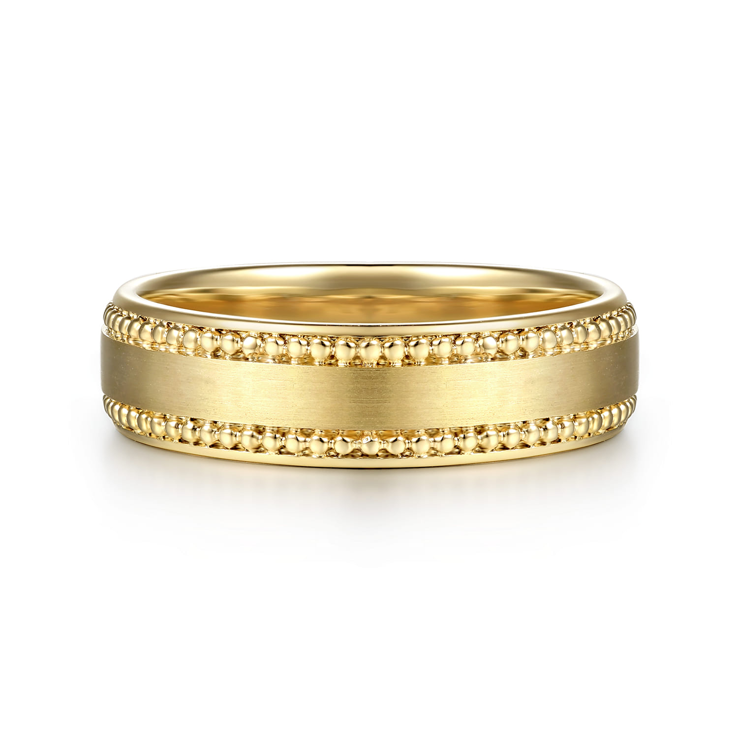14K Yellow Gold 6mm - Beads Men's Wedding Band in Horizontal Brush Finish - Shot 1