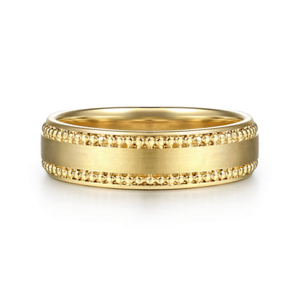 14K Yellow Gold 6mm - Beads Men's Wedding Band in Horizontal Brush Finish