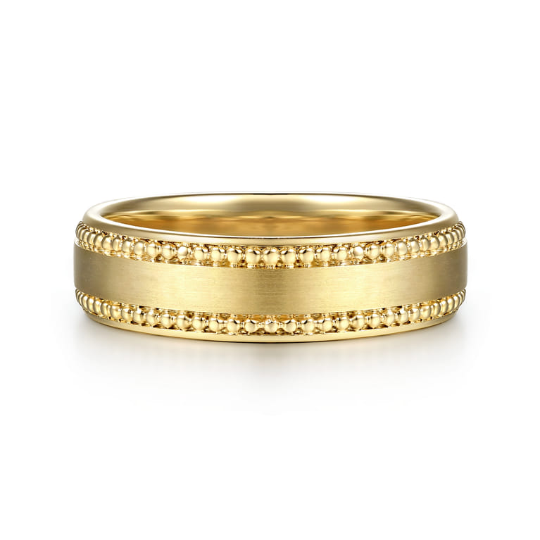 14K Yellow Gold 6mm - Beads Men's Wedding Band in Horizontal Brush Finish - Shot 1