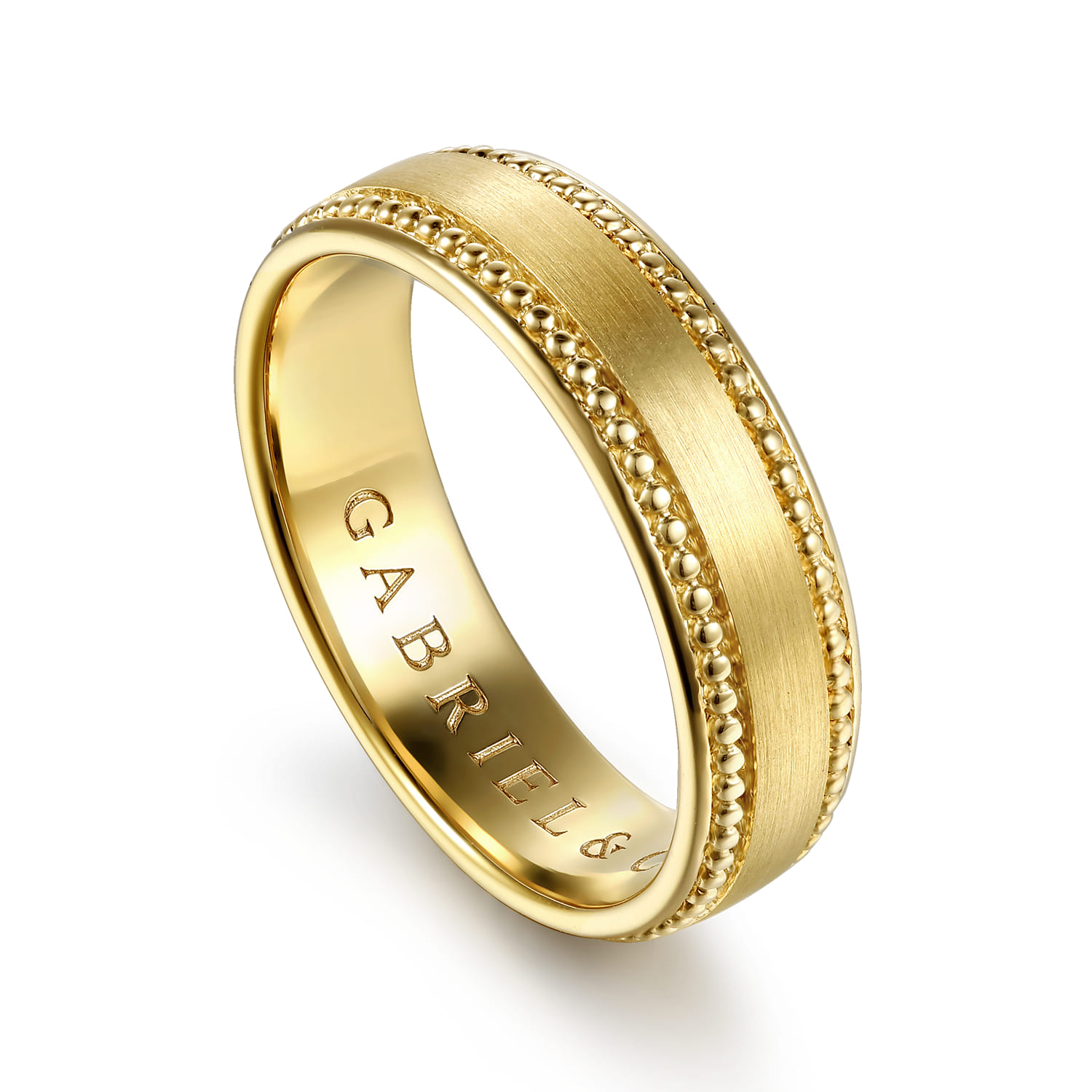 14K Yellow Gold 6mm - Beads Men's Wedding Band in Horizontal Brush Finish - Shot 3