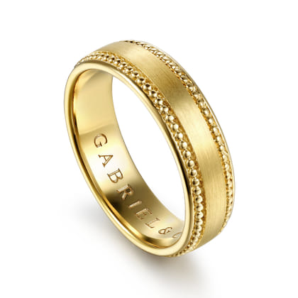 14K Yellow Gold 6mm - Beads Men's Wedding Band in Horizontal Brush Finish