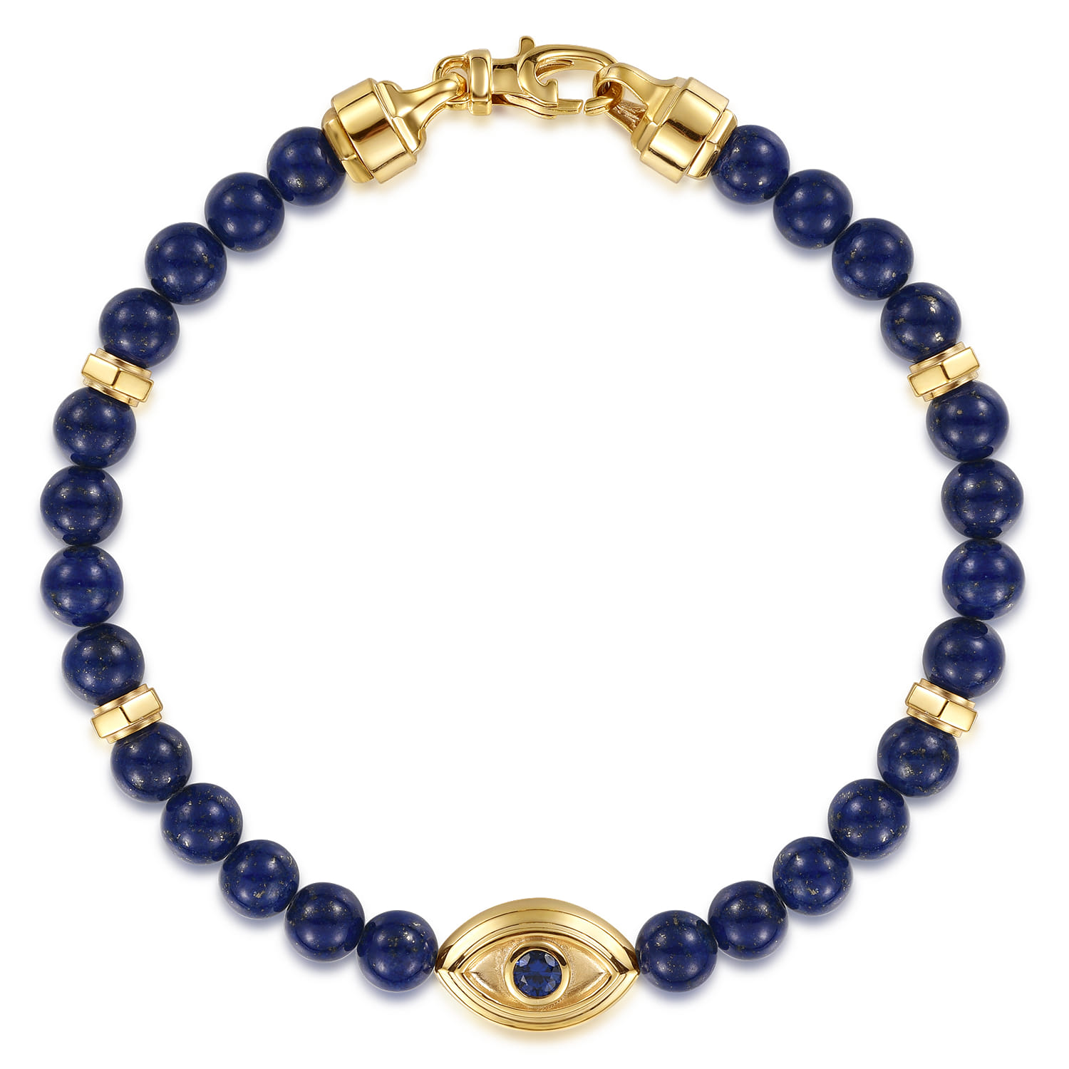 14K Yellow Gold 6mm Lapis and Sapphire Beaded Bracelet with Evil eye - Shot 1