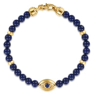 14K Yellow Gold 6mm Lapis and Sapphire Beaded Bracelet with Evil eye
