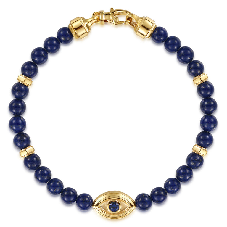 14K Yellow Gold 6mm Lapis and Sapphire Beaded Bracelet with Evil eye - Shot 1