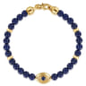 14K Yellow Gold 6mm Lapis and Sapphire Beaded Bracelet with Evil eye