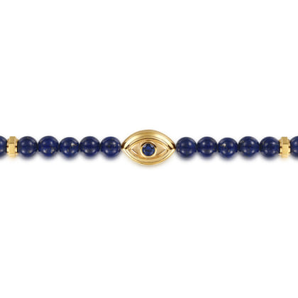 14K Yellow Gold 6mm Lapis and Sapphire Beaded Bracelet with Evil eye