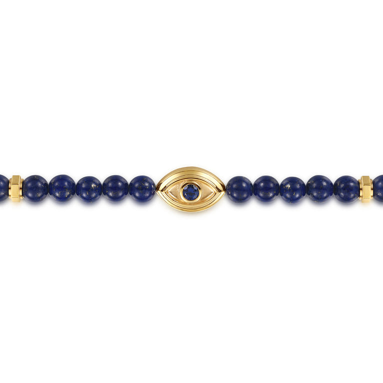 14K Yellow Gold 6mm Lapis and Sapphire Beaded Bracelet with Evil eye - Shot 2