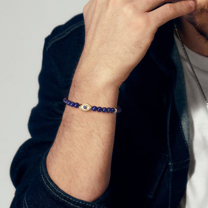 14K Yellow Gold 6mm Lapis and Sapphire Beaded Bracelet with Evil eye