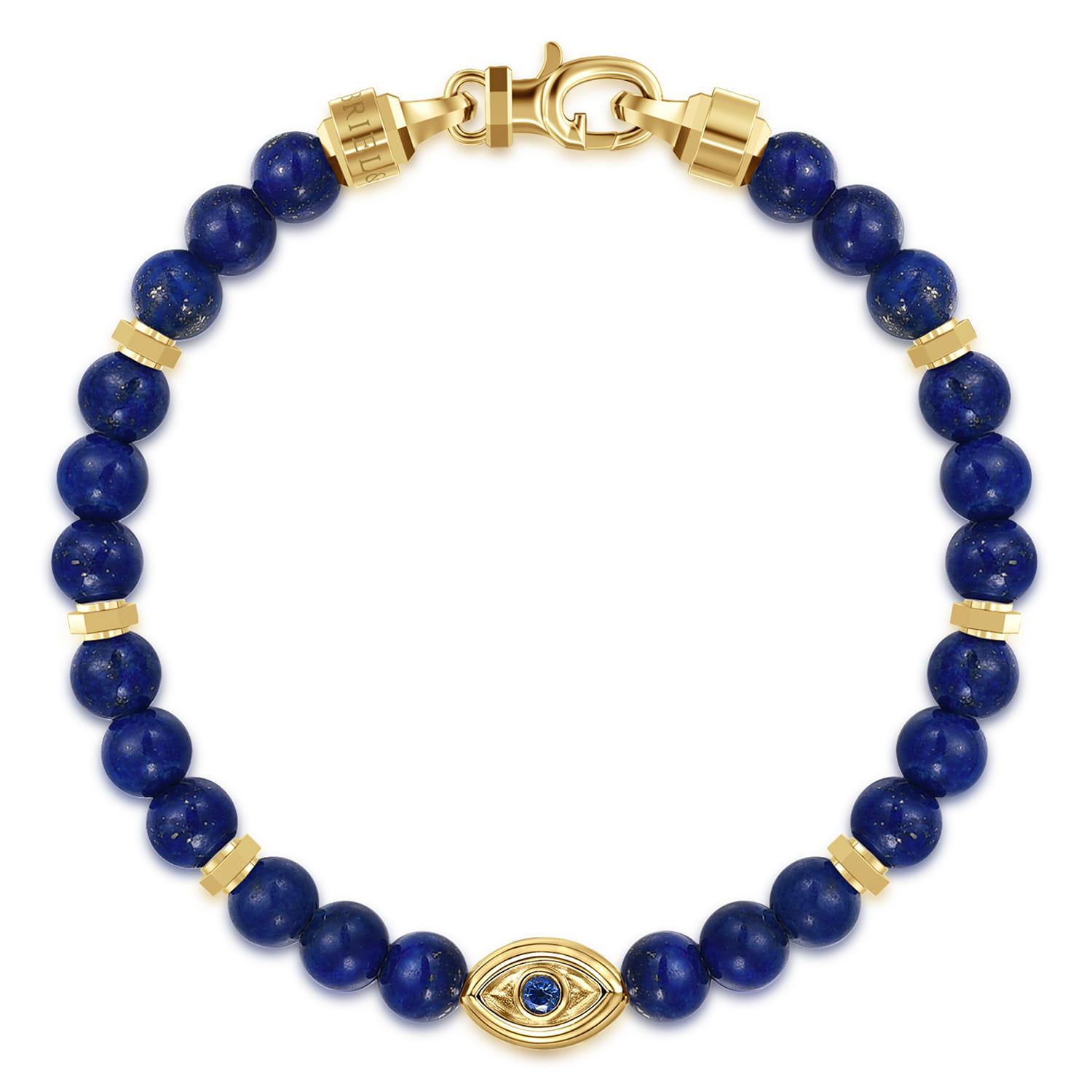 14K Yellow Gold 6mm Lapis and Sapphire Beaded Bracelet with Evil eye - Shot 1