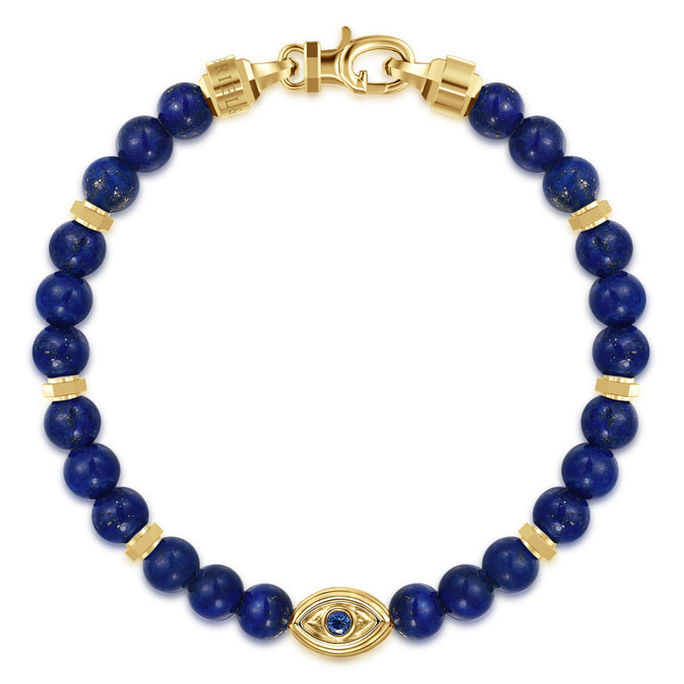 14K Yellow Gold 6mm Lapis and Sapphire Beaded Bracelet with Evil eye - Shot 1