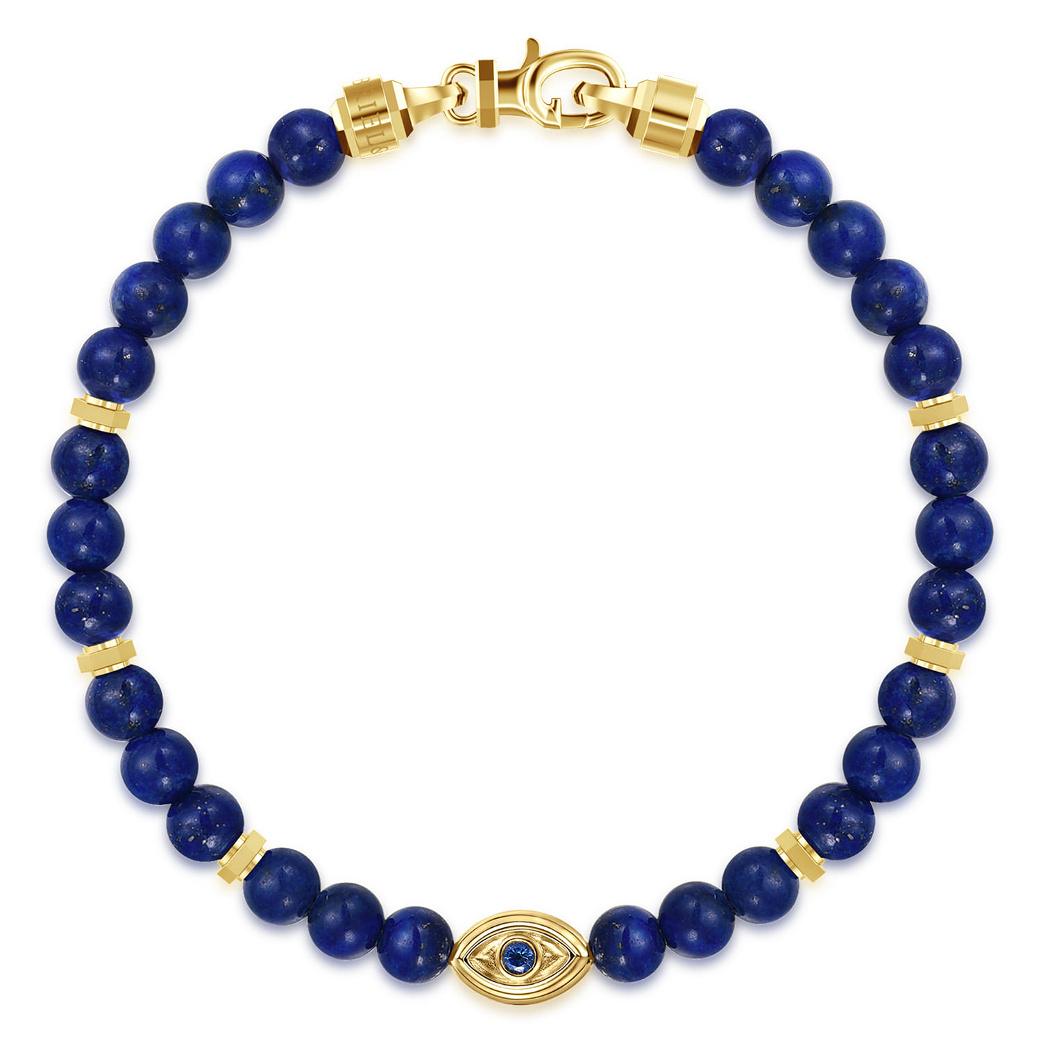 14K Yellow Gold 6mm Lapis and Sapphire Beaded Bracelet with Evil eye - Shot 1