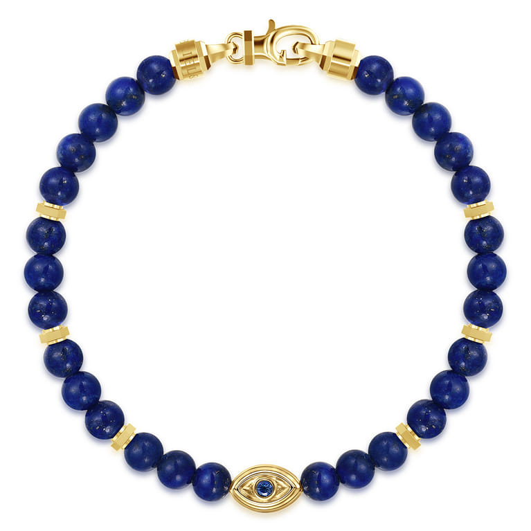 14K Yellow Gold 6mm Lapis and Sapphire Beaded Bracelet with Evil eye - Shot 1