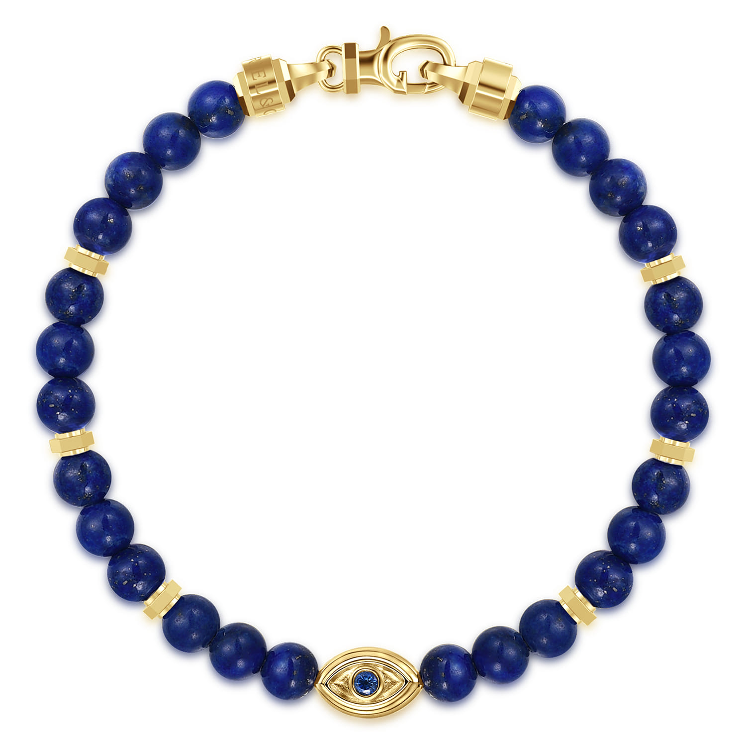 14K Yellow Gold 6mm Lapis and Sapphire Beaded Bracelet with Evil eye - Shot 1