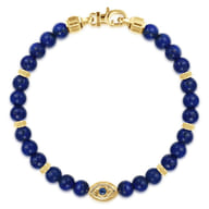 14K Yellow Gold 6mm Lapis and Sapphire Beaded Bracelet with Evil eye