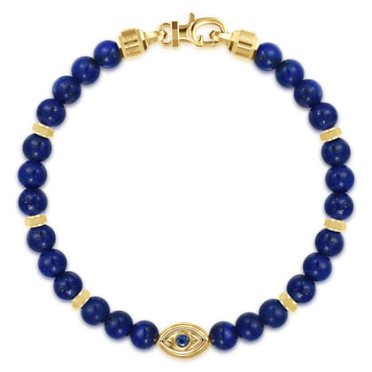 14K Yellow Gold 6mm Lapis and Sapphire Beaded Bracelet with Evil eye