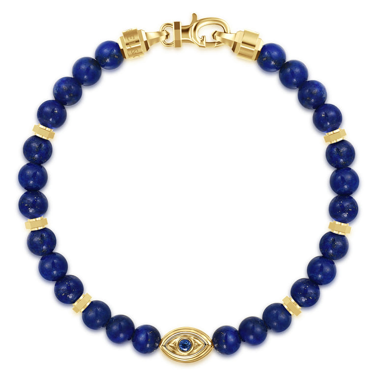 14K Yellow Gold 6mm Lapis and Sapphire Beaded Bracelet with Evil eye - Shot 1