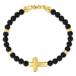 14K Yellow Gold 6mm Titanium Beaded Bracelet with Cross