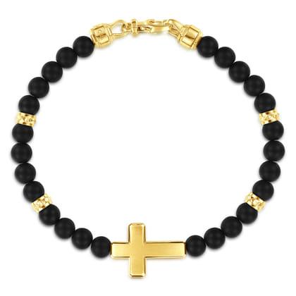 14K Yellow Gold 6mm Titanium Beaded Bracelet with Cross