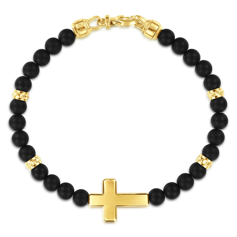 14K Yellow Gold 6mm Titanium Beaded Bracelet with Cross - Shot 1