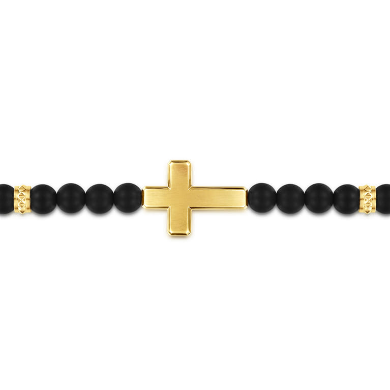 14K Yellow Gold 6mm Titanium Beaded Bracelet with Cross - Shot 2