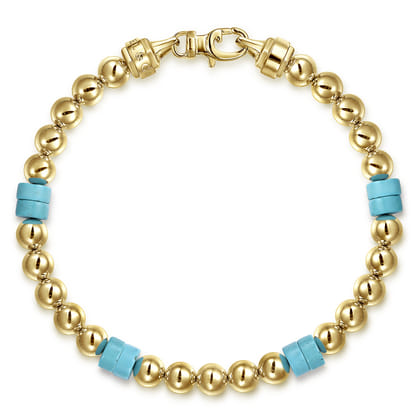 14K Yellow Gold 6mm ball and Turquoise Cylinder Beaded Bracelet