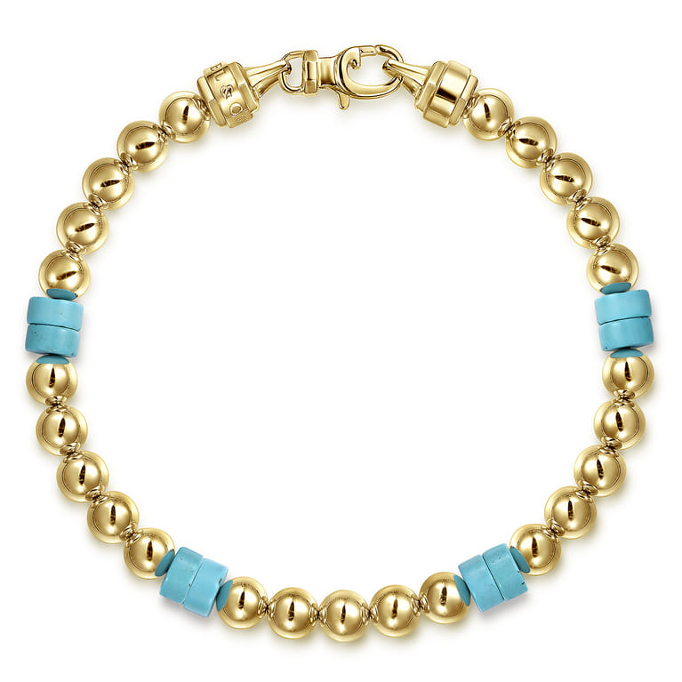 14K Yellow Gold 6mm ball and Turquoise Cylinder Beaded Bracelet - Shot 1