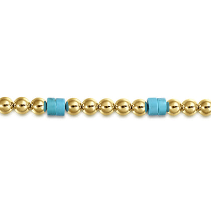 14K Yellow Gold 6mm ball and Turquoise Cylinder Beaded Bracelet