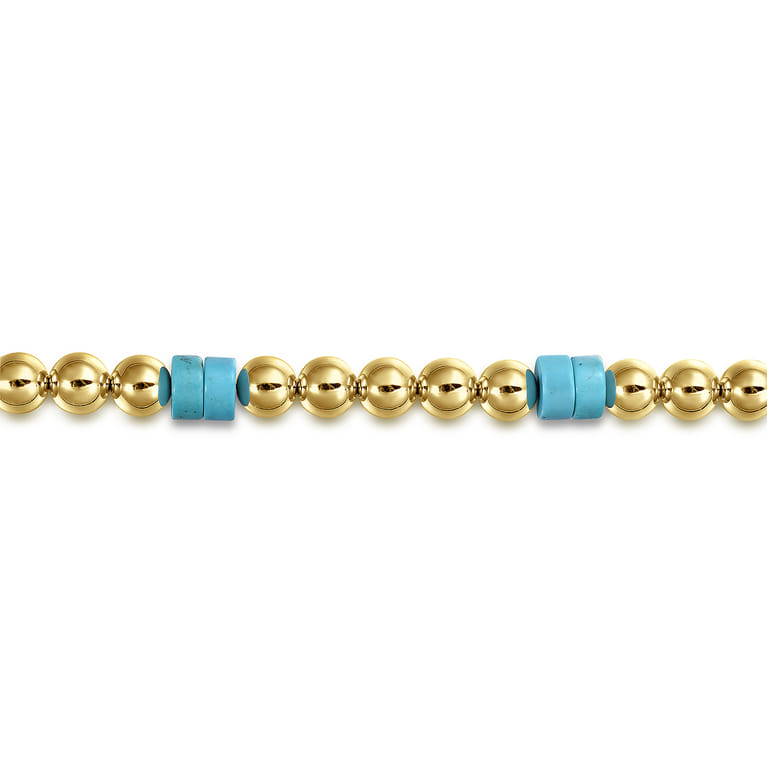 14K Yellow Gold 6mm ball and Turquoise Cylinder Beaded Bracelet - Shot 2