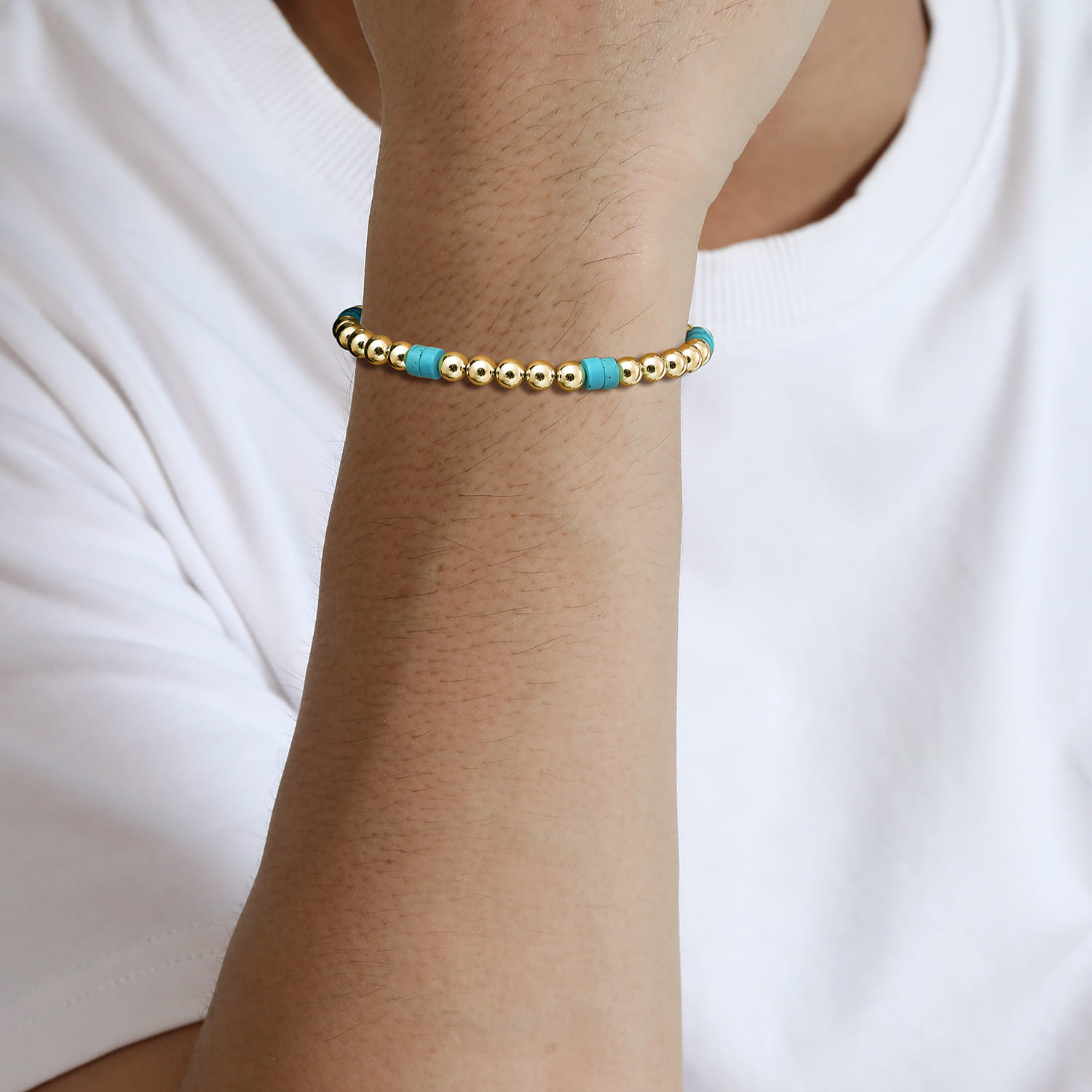 14K Yellow Gold 6mm ball and Turquoise Cylinder Beaded Bracelet - Shot 3