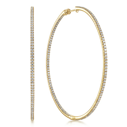 14K Yellow Gold 70mm Classic Diamond Hoop Earrings